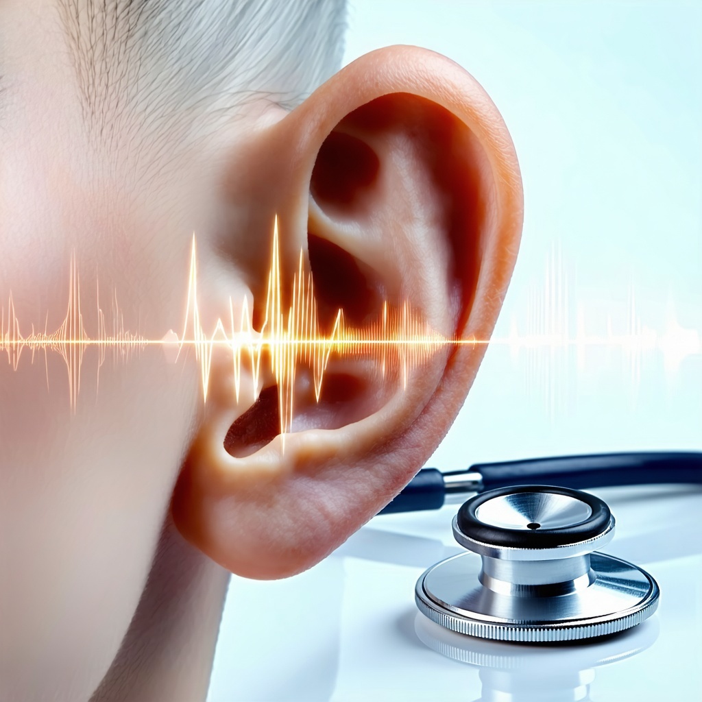 An ear with sound waves and a stethoscope