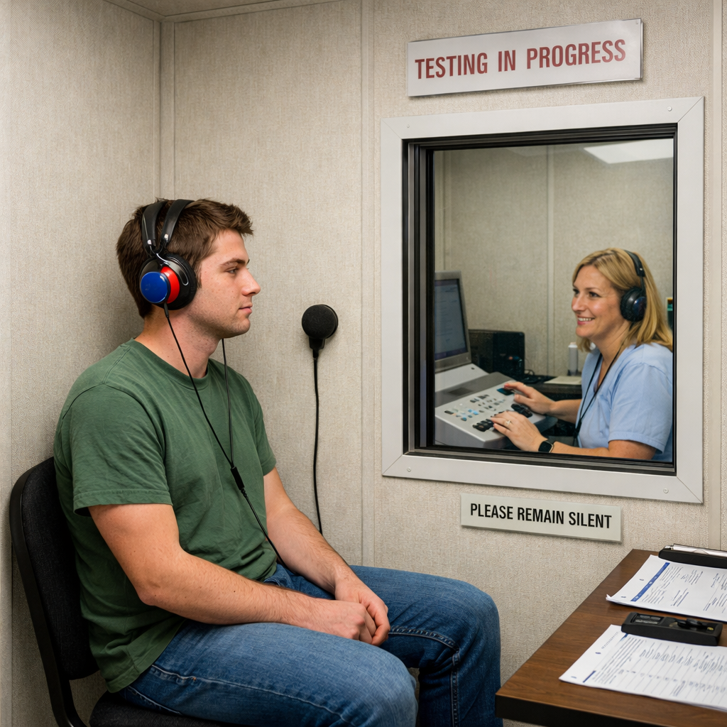 a simple image of a person getting hearing tested in a sound booth I want to show how unrealistic a booth is to the real world
